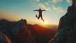 © haizah - Man jumping over precipice between two rocky mountains at sunset. Freedom, risk, challenge, success.