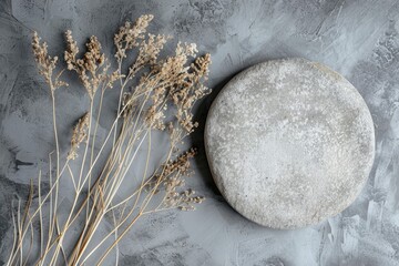 Minimalist round stone Rock and bouquet of dry on gray background. Place, background for cosmetics. Top view. Copy space - generative ai