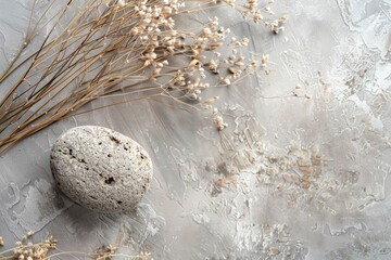 Minimalist round stone Rock and bouquet of dry on gray background. Place, background for cosmetics. Top view. Copy space - generative ai