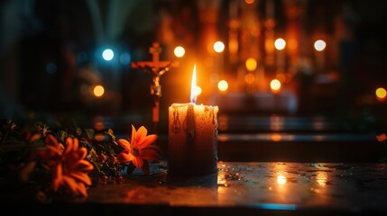 Wall Mural - Candlelit Crucifix on Holy Saturday, Symbolic of Anticipation for the Dawn of a New Day