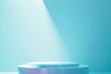 Poster - Futuristic Minimalist Display: Textured Glass Podium with Holographic Light on Gradient Blue Background