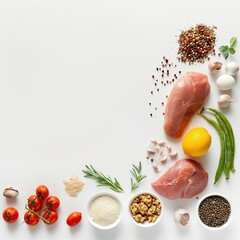 Wall Mural - Decoration of Protein food with white background and spotlight for advertise and presentation in top view isolated on white background 