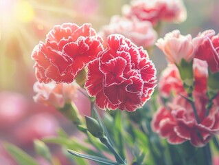 Wall Mural - Vibrant Bouquet of Red Carnations with White Edges Blooming in the Sun. Surrounded by Green Leaves and Distant Mountains with a Warm, Soft Light Atmosphere. Detailed Closeup of Delicate Petals and Vib