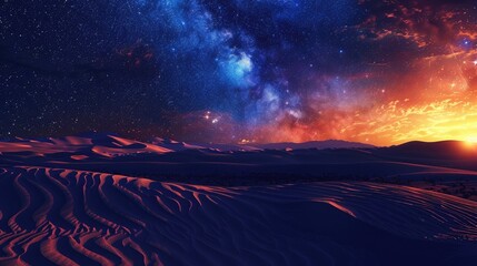 Wall Mural - Starry sky over the desert dunes with illuminated orange glow from an oasis, symbolizing hope and survival in harsh conditions. High resolution photorealistic image.