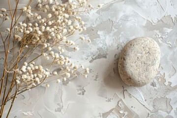 Minimalist round stone Rock and bouquet of dry on gray background. Place, background for cosmetics. Top view. Copy space - generative ai