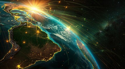 Captivating image of a global network of light lines, symbolizing the interconnectedness of business and finance. Ideal for illustrating global connectivity and international networks.