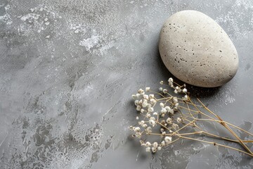 Minimalist round stone Rock and bouquet of dry on gray background. Place, background for cosmetics. Top view. Copy space - generative ai