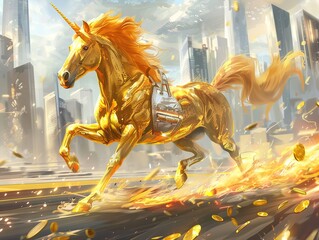 Wall Mural - Golden Horse with Silver Basket Running at High Speed in a City. Carrying Gold Bars and Shiny Coins, Surrounded by Tall Buildings and Illuminated by Sunlight