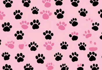 Wall Mural - tile background pink paw dog prints black pattern repeat