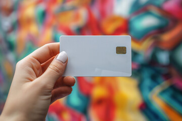 Hand holding a blank credit card with a chip on a background with colorful graffiti