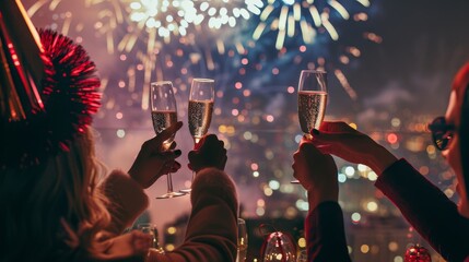 Friends toasting with glasses of champagne against festive fireworks during a New Year celebration