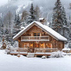 Wall Mural - a cabin in the snow with a mountain in the background