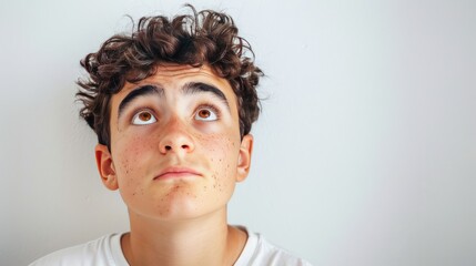 close up of the face of a young man with curly hair looking up on a white background.