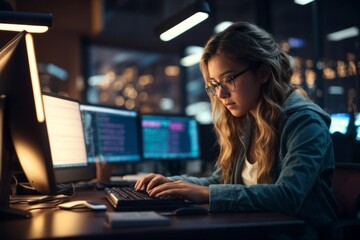 Girl programmer typing code on keyboard to develop program in office room