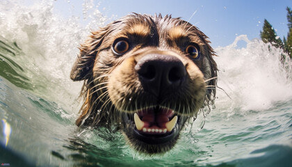 Wall Mural - Cute puppy playing in water, wet fur, joyful and playful generated by AI