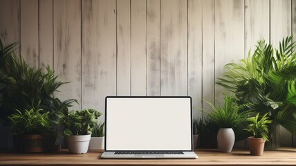 Wall Mural - Modern workspace with blank laptop screen, room for copy