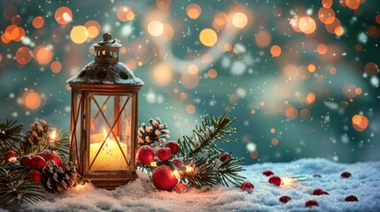 Wall Mural - Snowy Table Decorated with Christmas Lantern, Fir Branch, and Ornaments