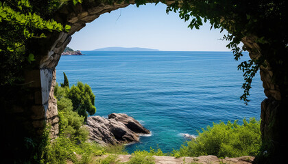 Wall Mural - Coastline blue waters meet green cliffs, nature tranquil beauty generated by AI