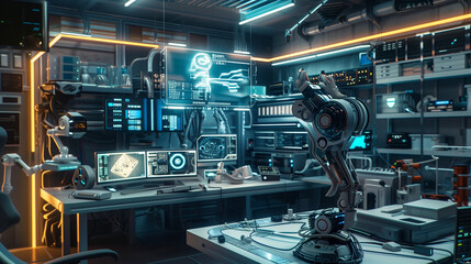 A futuristic lab with robots and computers. Scene is futuristic and technological. The idea of the image is to show a lab with advanced technology and robots
