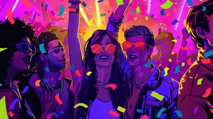 Wall Mural - A diverse group of friends at a PRIDE parade, holographic confetti and neon lights, energetic and inclusive, pop art style, high-detai