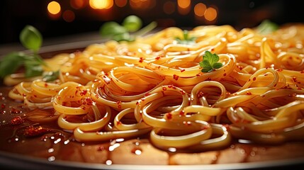 Wall Mural - close up delicious spaghetti full of spices, black and blur background