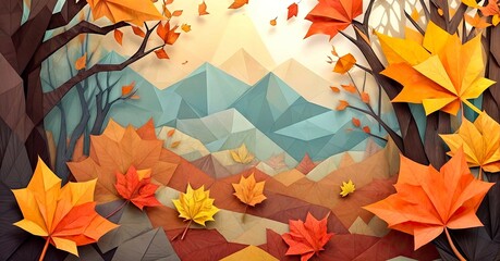 Wall Mural - Blurred autumn leaves in the wind against a soft, hazy background