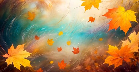 Wall Mural - Blurred autumn leaves in the wind against a soft, hazy background