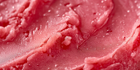 icy pink: a sorbet closeup, a closeup of the sorbet texture, showcasing its smooth and slightly icy surface with vibrant red and pink hues