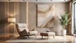© Bounpaseuth - minimalist Beige lounge chair against marble wall with abstract poster. Minimalist home interior design of modern living room.