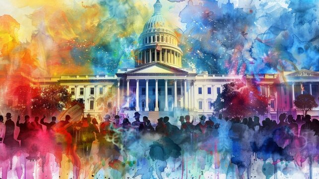  Constitution, American presidency, colorful fantasy illustrations that mesmerize the viewer, In the style of watercolor landscapes, UHD.