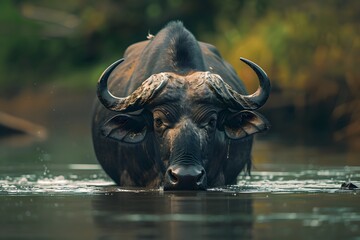 Wall Mural - a buffalo was drinking in the river