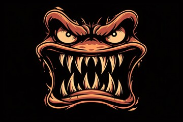 A cartoon illustration of a scary monster face with exaggerated emotions, featuring a frightening mouth. Isolated on a black background.