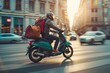 © Karthik Framed - Man courier using a on a green moped with a cube-shaped delivery bag moving fast on motorway road in city urban to find the delivery address, Generative AI