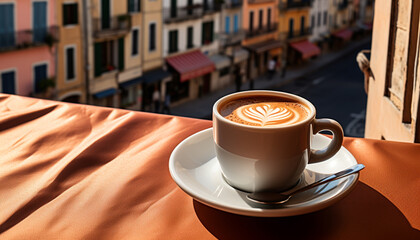 Wall Mural - Coffee cup on table, frothy cappuccino, heat of caffeine outdoors generated by AI