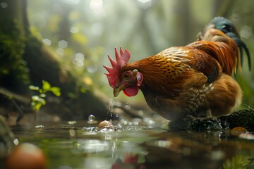 Wall Mural - a chicken is drinking in the river