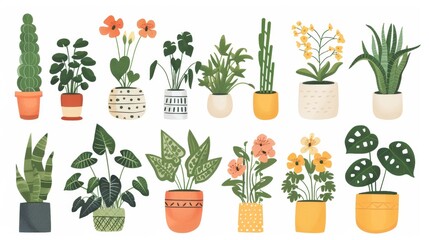 A flat 2D illustrated set of different plants in pots, featuring indoor flowers in planters, flowerpots, or vases. These houseplants include begonia and alocasia, isolated on a white background,