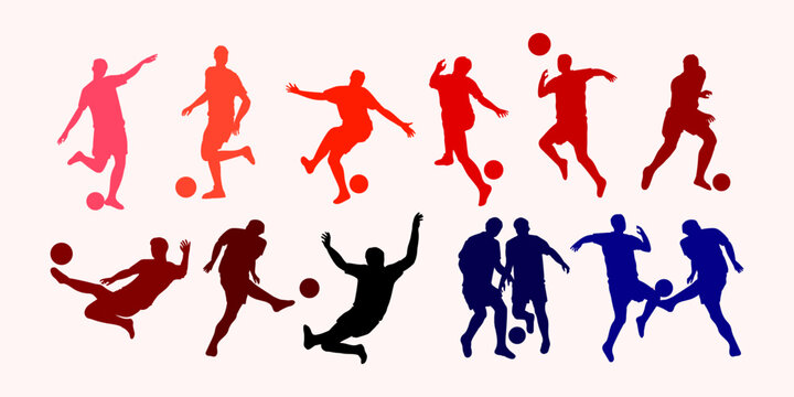 Set of silhouttes football, soccer player icon character vector illustration. isolated on white.