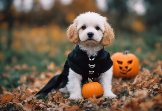 costume black puppy with funny pumpkins pet halloween dog cute