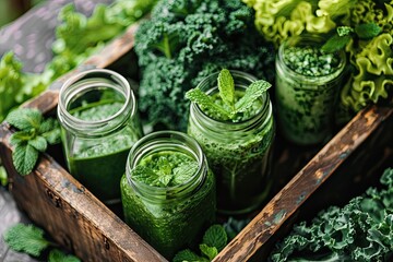  Assorted freshly blended green smoothies in glass jars placed in a rustic wooden tray. Spinach kale mint. Top view selective focus