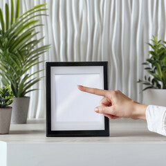 Woman interacting with a blank digital frame in a minimalist home setting.