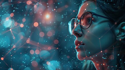 Wall Mural - Futuristic Woman in Glasses with Digital Overlay of Network Connections and Bokeh Lights