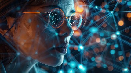 Wall Mural - Woman in Glasses with Neural Network Visualization - Concept of Artificial Intelligence and Future Technology