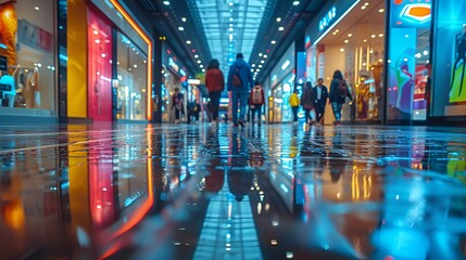 Low angle view - shopping mall. - bright colors - retail stores - holiday shopping