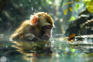 Wall Mural - a monkey was drinking in the river