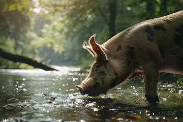 Wall Mural - a pig was drinking in the river