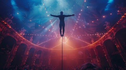 A tightrope walker balancing high above the audience in the big top,