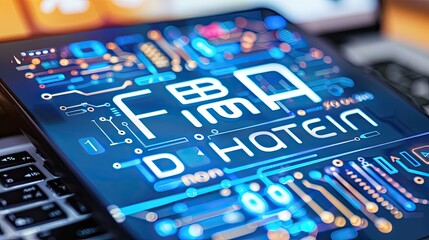Close-up of a digital pad displaying futuristic cyber code on a screen with vibrant colors, highlighting technology and innovation.