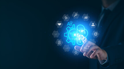 Wall Mural - ai chat bot technology concept, business man using technology smart robot ai intelligence, command p
