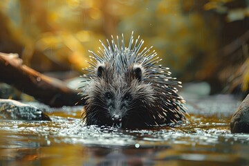 Wall Mural - a hedgehog was drinking in the river