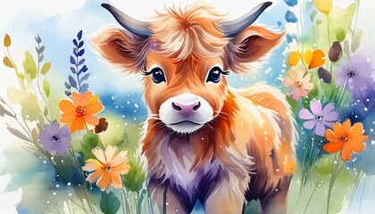 Wall Mural - cute baby highland cow watercolor illustration